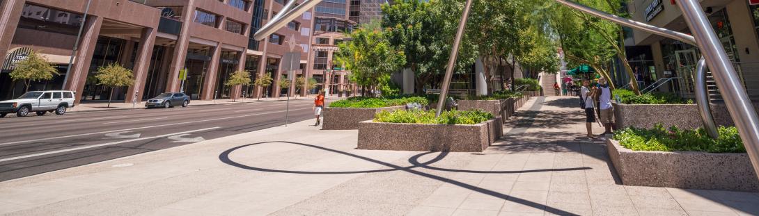 Downtown Phoenix with art installation of arches in the common area.